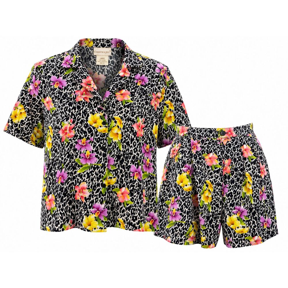 Christie & Jill Women's 2 Piece Tropical Floral Leopard Rayon Shorts Set Large